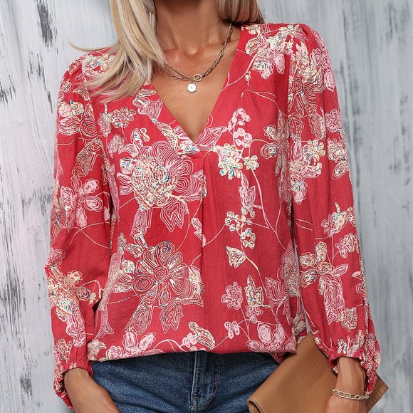 New Floral Print Lantern Sleeve Blouse Red - Picture 1 of 6
